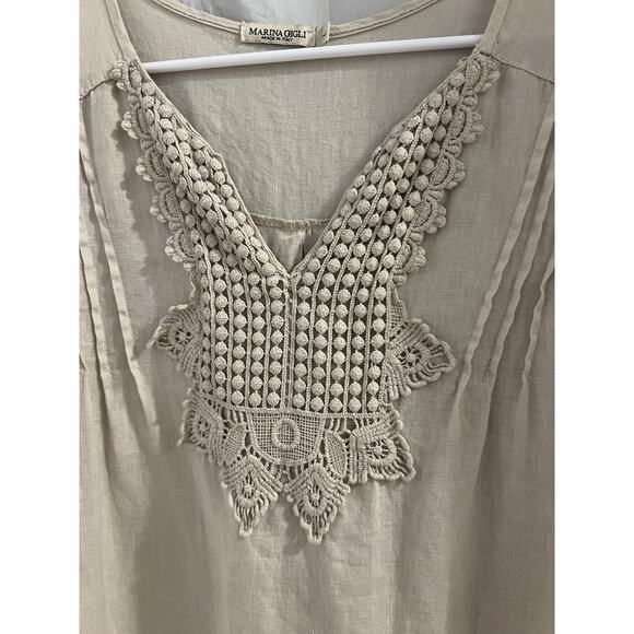 Marina Gigli Tan Linen Made In Italy Pleated Front Tunic Top Sz L - Picture 2 of 6